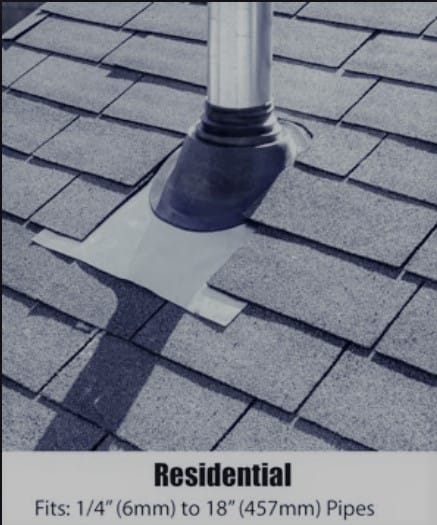 A residential roof vent pipe with a flashing boot installed around it. The shingles are arranged in a standard overlapping pattern. Text at the bottom reads: Residential. Fits: 1/4 (6mm) to 18 (457mm) Pipes. Discover the best roof flashings that ensure durability and protection.