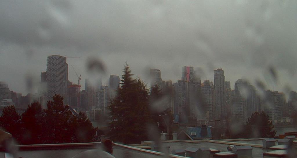 An early morning reveals a rainy, overcast cityscape with a skyline of tall buildings partially obscured by raindrops on the camera lens. Trees and rooftops emerge in the foreground, as the sky looms gray and cloudy.
