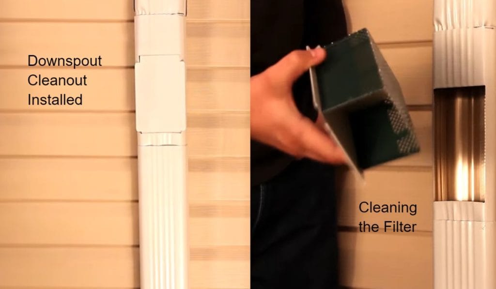 A split image reveals a downspout cleanout on a house, with beige siding in the background. On the right, someone is clearing debris from the filter to prevent gutter clogs and ensure a clear path for water from the roof.