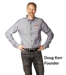 Man in a gray button-up shirt and jeans stands confidently with hands on hips against a white background. Text reads Doug Kerr, Founder of a leading roofing company in Vancouver.