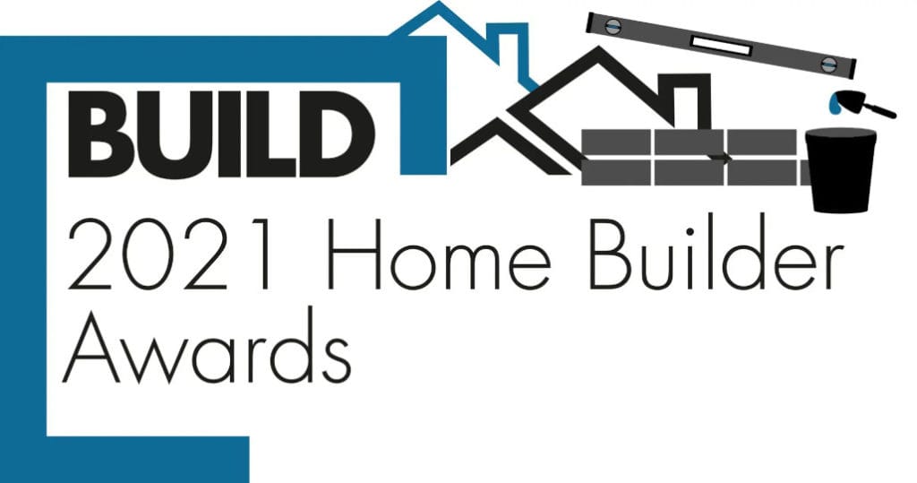 Logo for the 2021 Home Builder Awards by BUILD, featuring a stylized house outline, a level, bricks, a paint roller, and a bucket—perfectly capturing the spirit of excellence in home construction and roofing replacement.