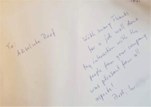 A handwritten note addressed to Adeloke Roof, expressing heartfelt thanks for a job well done. It highlights the great customer service and a pleasant interaction with the company people. The note is signed with Best, Luc.