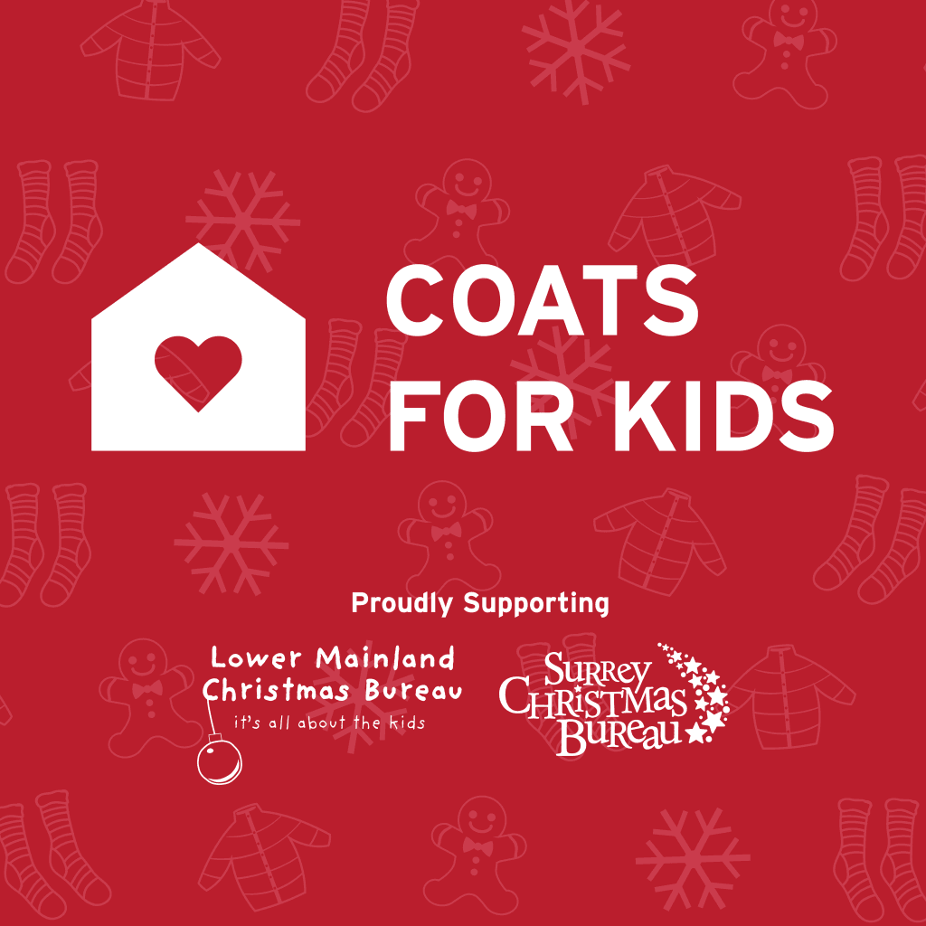 Red graphic promoting Coats for Kids, featuring white icons of a house with a heart, gingerbread men, snowflakes, and winter clothing. This initiative supports the Lower Mainland Christmas Bureau and Surrey Christmas Bureau as part of their Christmas Clothing Drive.