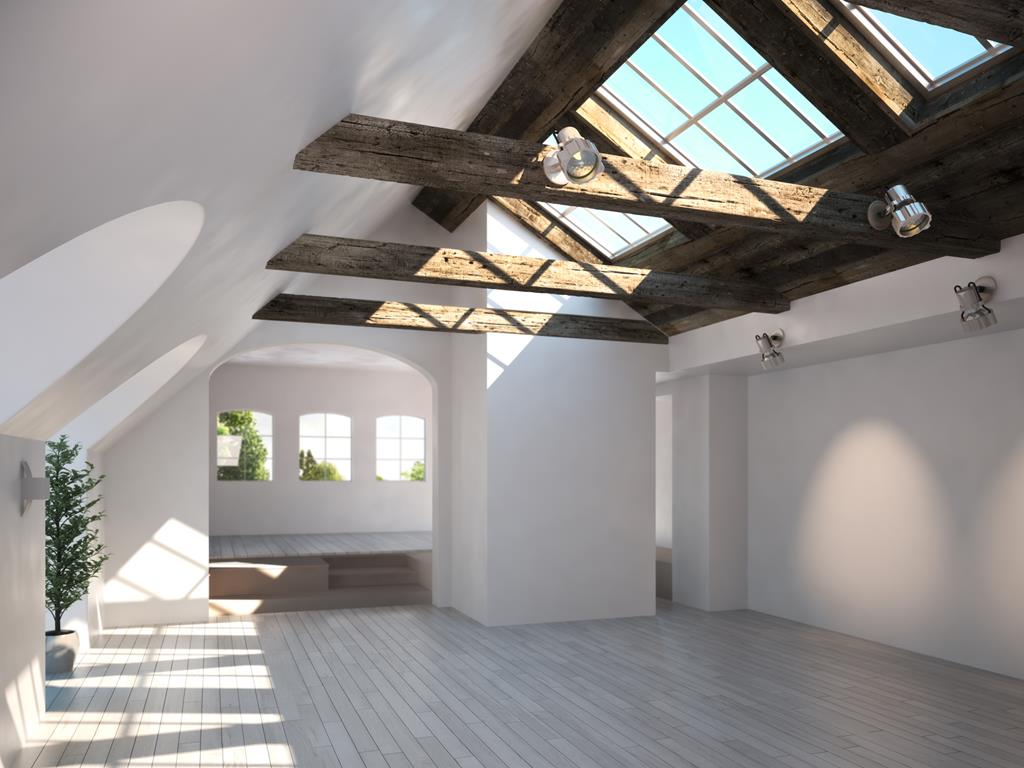 Spacious, modern loft featuring T-Bar skylights and wooden beams. Sunlight pours through large windows, illuminating the white interior. A small tree in a pot decorates the space, and there is a raised platform in the distance.
