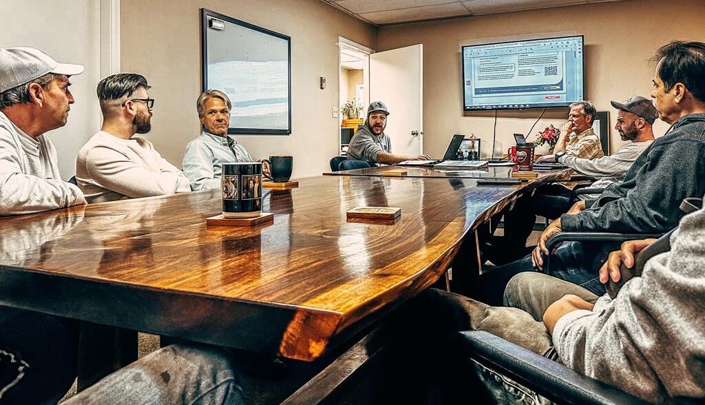 A group of men sit around a large wooden conference table. One man from Absolute Roof Solutions is presenting from a laptop connected to a wall-mounted screen displaying a document on roof safety. Various cups and coasters are on the table, adding to the rooms casual atmosphere.
