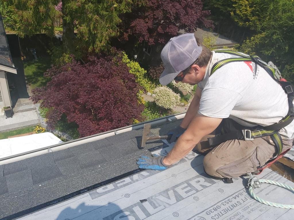 A person wearing a cap, harness, and gloves from Absolute Roof Solutions is expertly installing shingles on a roof. Kneeling near the edge, they work surrounded by trees and a lush lawn below. Safety gear and construction materials underscore their professional roofing training.