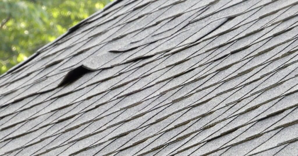 Close-up of an asphalt roof with visible wear, spotting, and raised shingles, hinting at heat damage or the need for repair. The background features green, out-of-focus foliage.
