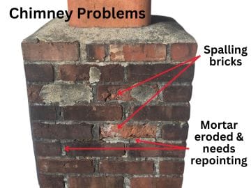Close-up image of a chimney showing damage. Arrows highlight spalling bricks and eroded mortar joints in need of repointing. Text at the top reads Chimney Problems.