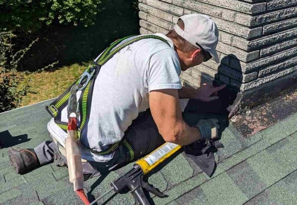 A person wearing a gray shirt, cap, and safety harness is diligently performing chimney repair on a roof. With their left hand, they apply black material to the base of a chimney while a caulking gun and tool lie nearby. Sunlight casts shadows on the green shingles, highlighting the scene for homeowners below.