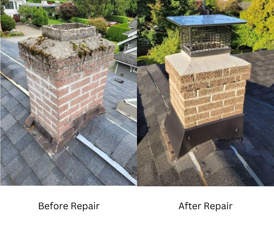 Side-by-side comparison of a chimney before and after repair in North Vancouver. The left shows a worn chimney with moss and damage, while the right boasts a refurbished structure with clean bricks and a new metal cap, set on a neat roof.