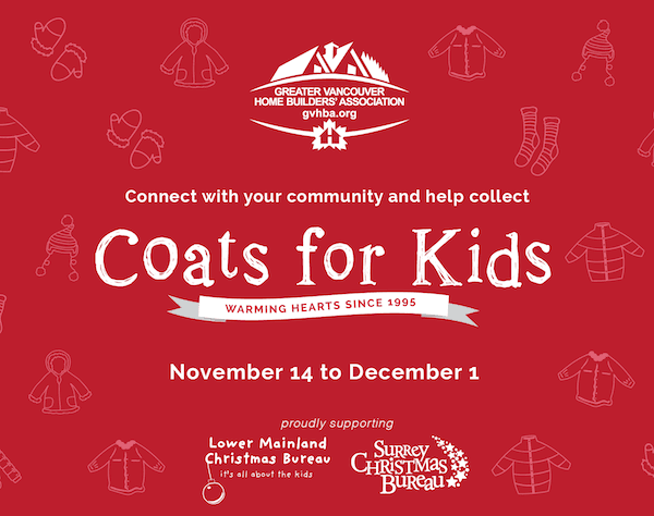 A red graphic showcases Coats for Kids, adorned with coat outlines. Happening November 14 to December 1, the event is supported by the Greater Vancouver Home Builders Association, local roofing companies in Vancouver, and the Surrey and Lower Mainland Christmas Bureaus.