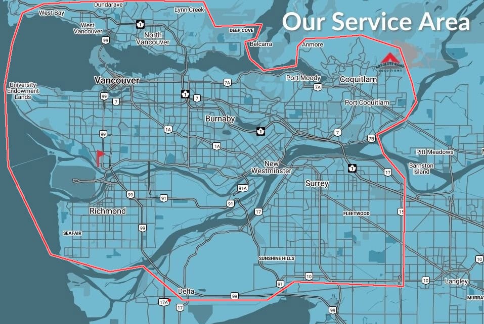 Map highlighting the services areas in the Vancouver region, covering cities like Richmond, Burnaby, New Westminster, Coquitlam, Surrey, and Delta. The area is outlined in red with notable roads and landmarks labeled.
