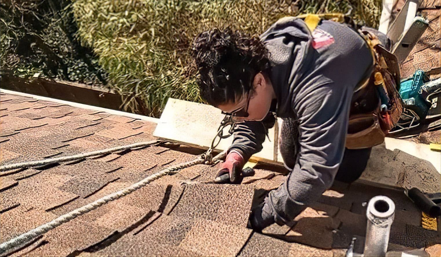 A person wearing safety gear and gloves installs shingles on a roof, using tools and a safety harness. Trees and roofing materials are visible in the background, showcasing professional Roof Solutions for lasting, lifetime benefits.