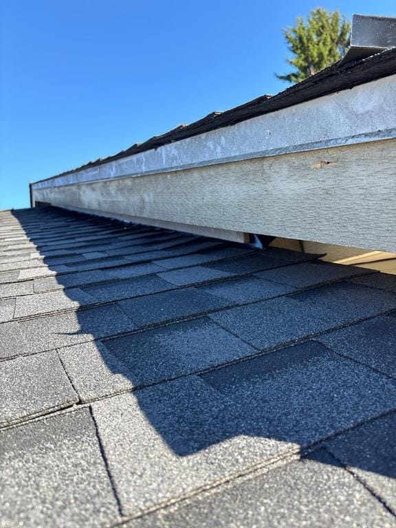 Close-up view of a house roof with dark gray shingles, a wooden fascia board, and a small gap running underneath—ideal for an inspection by Absolute Roof Solutions. A bright blue sky and green tree appear in the background.