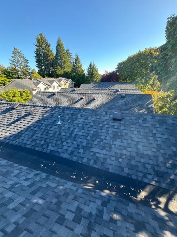 View of a residential neighborhood with several houses featuring dark gray shingle roofs, expertly installed by Absolute Roof Solutions, surrounded by green trees under a clear blue sky. Sunlight casts shadows across the rooftops.