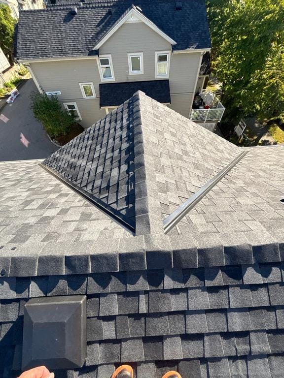 View from a rooftop showing black asphalt shingles with a ridge vent and roof valleys, recently installed by Absolute Roof Solutions; neighboring house, trees, and driveway visible below.